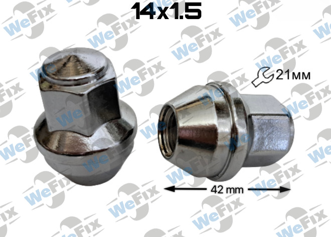 Гайка колісна закрита M14х1,5x42 нерухомий конус ключ 21 Ford, Tesla хром