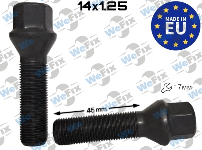 Болт колісний M14х1,25x45 конус чорний цинк ключ 17 Italy